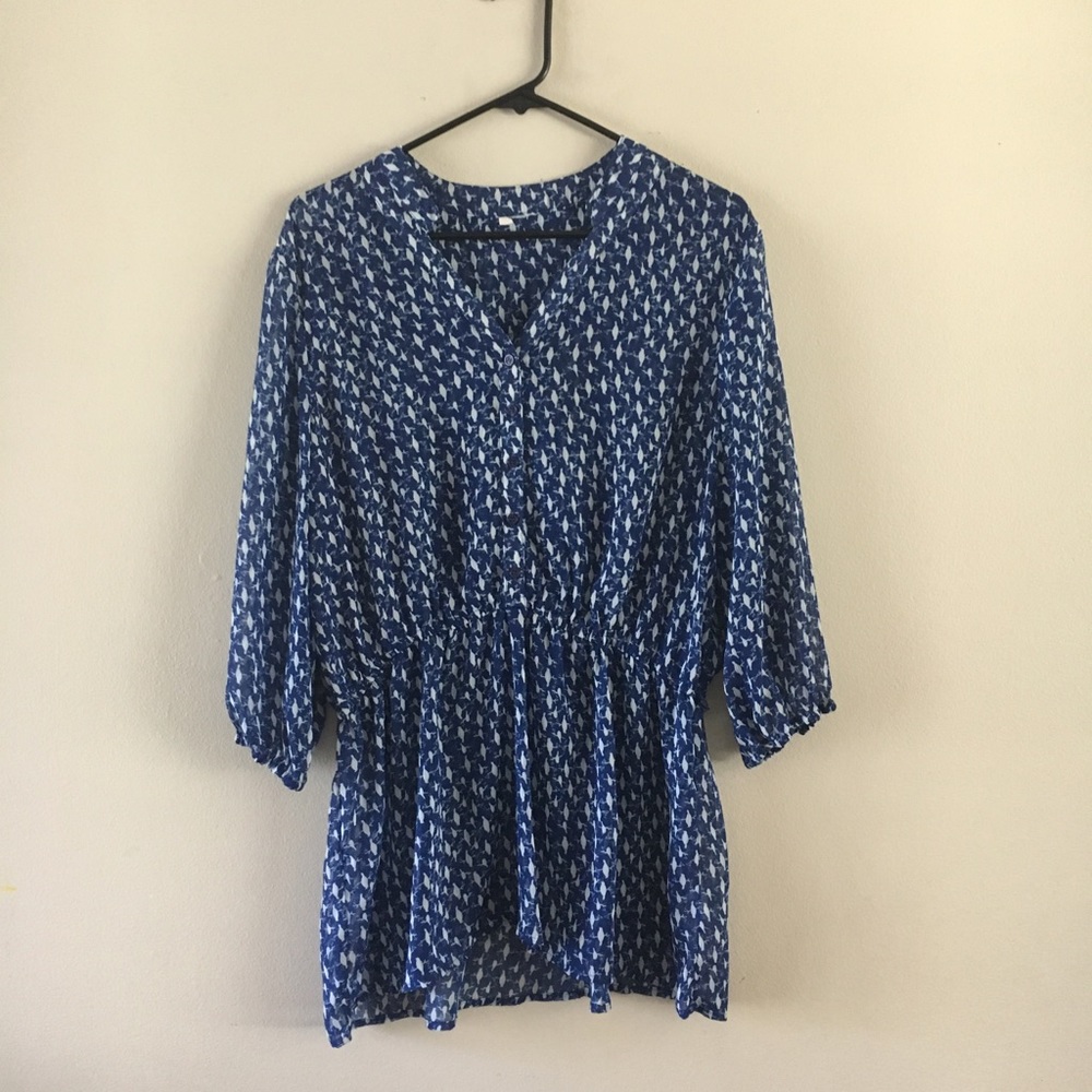 Blue and white bird blouse Large
